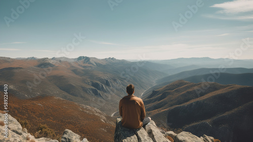 Man hiker sitting on top of a mountain, looking at the sunset with sky and clouds background landscape