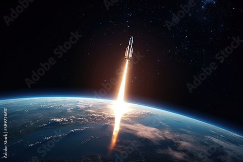 Fotografia Space shuttle rocket flies with blasts and a light line around the night planet Earth with lights cities