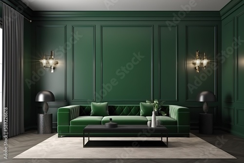 Modern interior of living room with armchair and cabinet on dark green colour wall background.   Luxury dark living room design  green furniture on grey wall in modern design Generative AI