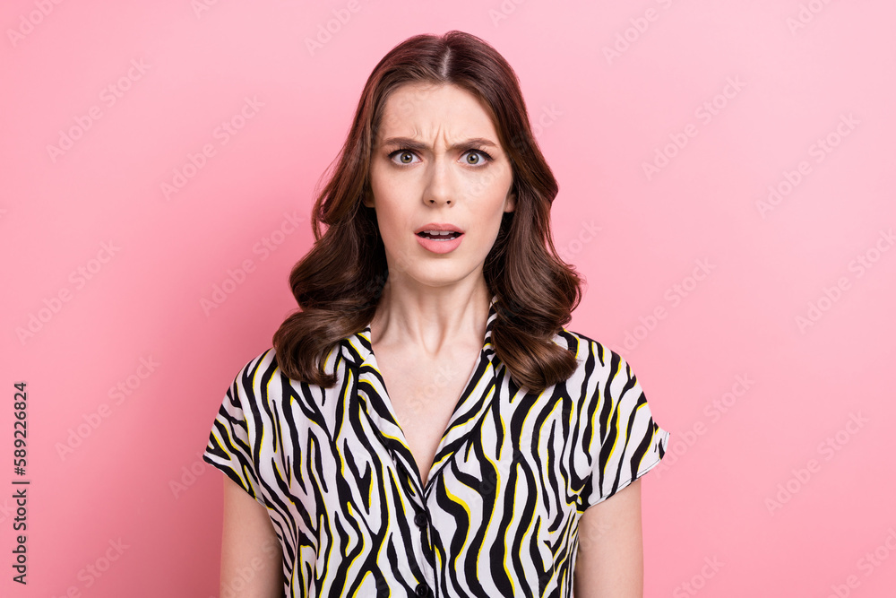 Photo of questioned puzzled person open mouth staring cant believe isolated on pink color background - obrazy, fototapety, plakaty 