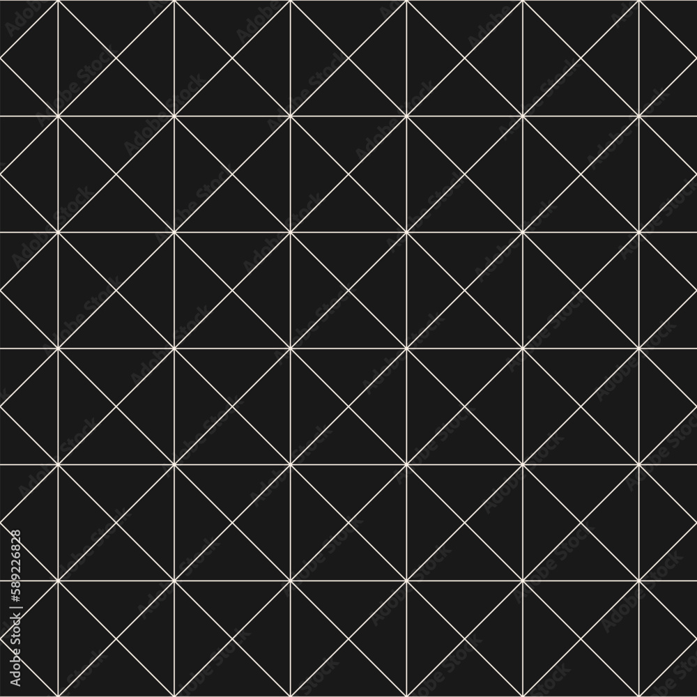 Vector minimalist geometric seamless pattern with thin lines, square grid. Subtle black and white texture with squares, triangles, rhombuses. Dark minimal monochrome background. Simple repeat design - obrazy, fototapety, plakaty 