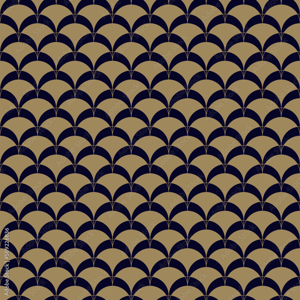Vector golden geometric seamless pattern in art deco style. Simple abstract background with curved shapes, fish scale, peacock ornament, mesh, grid. Stylish gold and black texture. Repeat geo design Vector golden geometric seamless pattern in art deco style. Simple abstract background with curved shapes, fish scale, peacock ornament, mesh, grid. Stylish gold and black texture. Repeat geo design