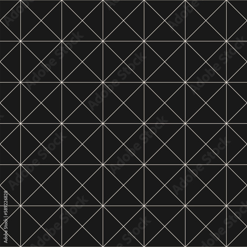 Vector minimalist geometric seamless pattern with thin lines, square grid. Subtle black and white texture with squares, triangles, rhombuses. Dark minimal monochrome background. Simple repeat design