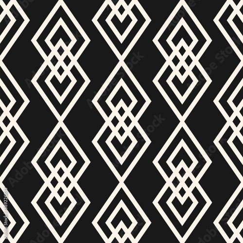 Vector geometric texture. Elegant monochrome seamless pattern with diamonds, rhombuses, thin lines. Abstract black and white graphic ornament. Art deco style. Modern linear background. Repeat design