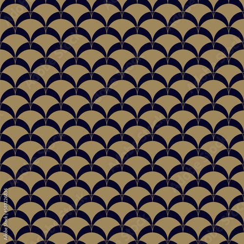 Vector golden geometric seamless pattern in art deco style. Simple abstract background with curved shapes, fish scale, peacock ornament, mesh, grid. Stylish gold and black texture. Repeat geo design