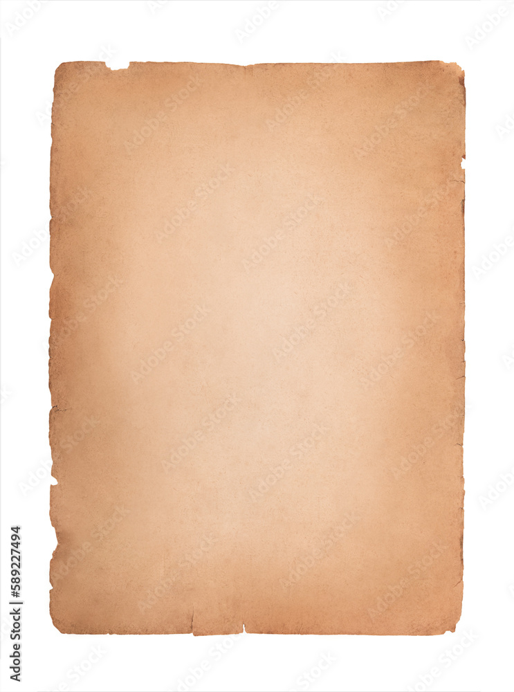 A vertical old sheet of paper isolated on transparent background. Stock photo	