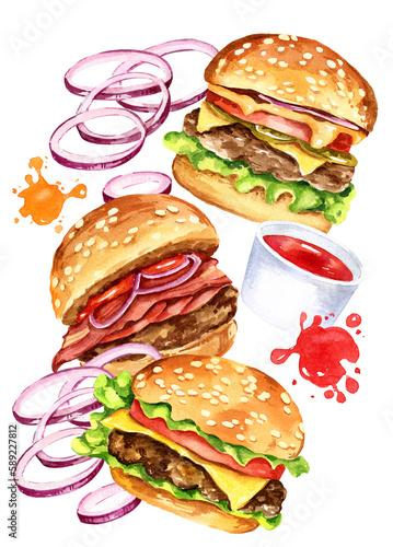 group of watercolor burgers with meat  slises of onion  tomatos  salad and tomat sauce isolated on white background