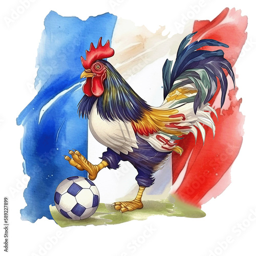 French cockerel rooster. Gallic rooster playing football. Generative AI illustration. © tatadonets