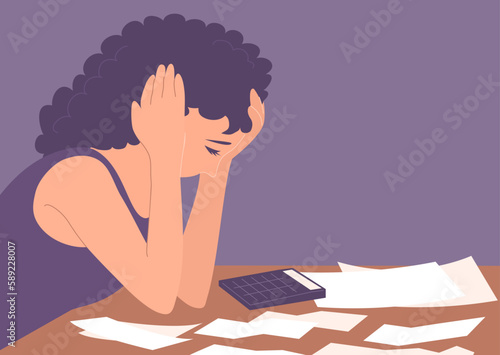 A young woman at the table counts debts and expenses. Checks, bills and calculator. Stress and financial problem. Cartoon vector illustration