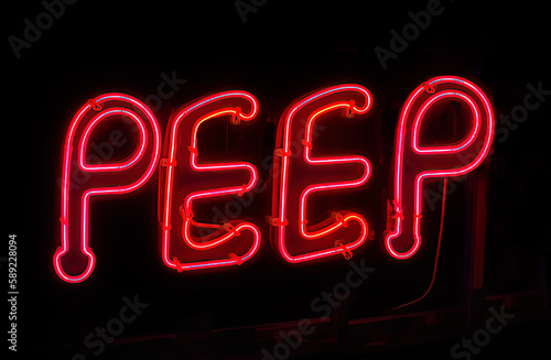 Billede på lærred Retro red neon sign peep isolated over a black background