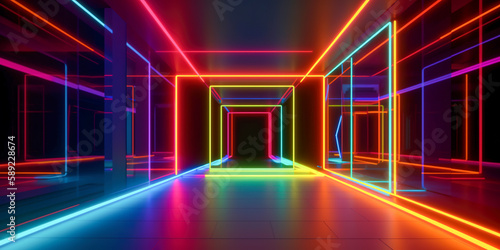 AI generated abstract space red blue pink neon background with cuboid shapes glows in darkness.
