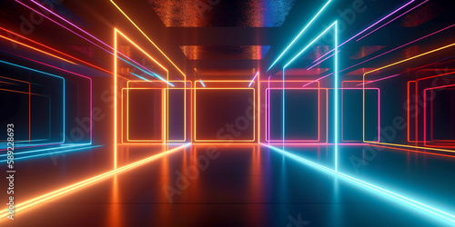 AI generated abstract space red blue pink neon background with cuboid shapes glows in darkness.