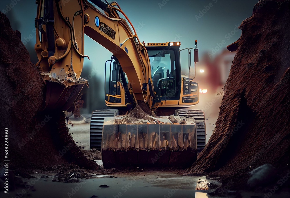 Backhoe excavator digging a trench for installation water pipeline ...