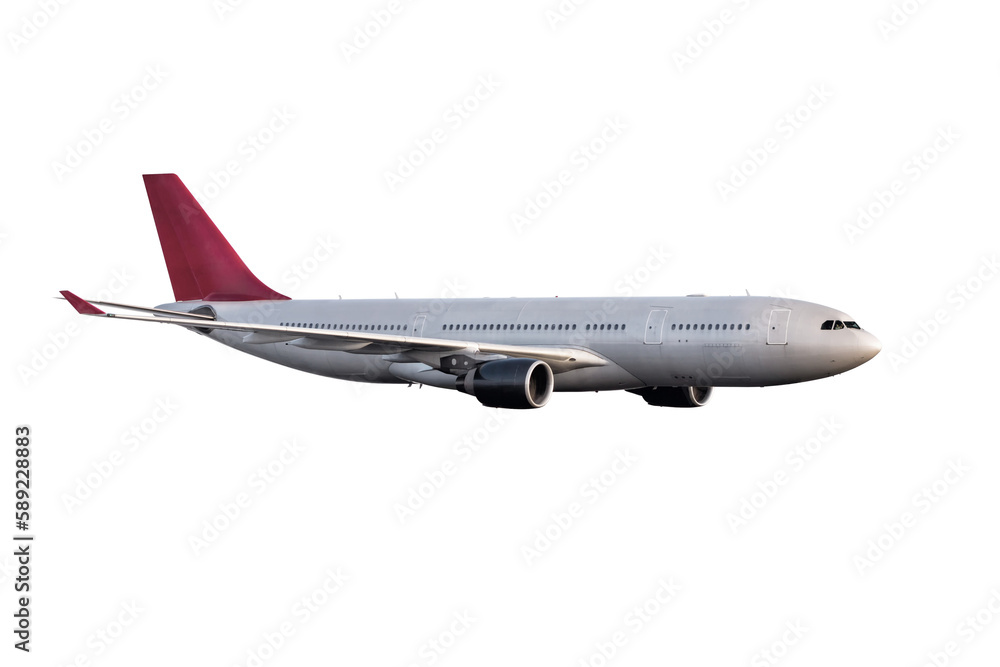 Wide body passenger airplane flies isolated on transparent background