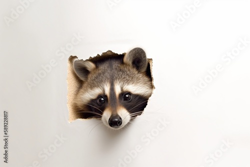 Funny racoon looks through ripped hole in yellow paper.