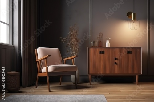 Retro  wooden cabinet and a painting in an empty living room interior with white walls and copy space place for a sofa. Real photo  Generative AI