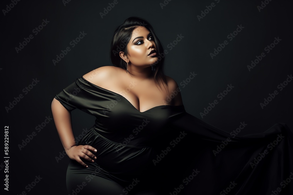 Fototapeta premium Beautiful brunette fictional plus-size model wearing the black dress at the black wall portrait. Body positivity and diversity. Generative AI