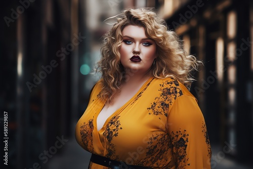 Beautiful blonde curly fictional plus-size model portrait. Body positivity and diversity. Generative AI