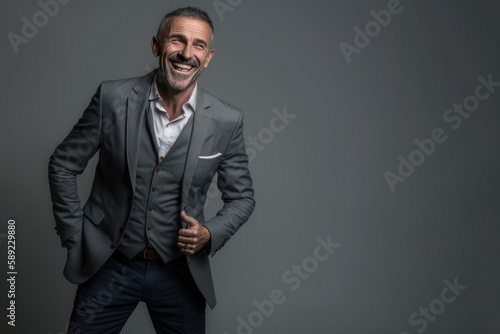 Middle-aged man dressed in a suit poses for the camera with his thumb up, with Generative AI technology
