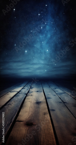 Beautiful wood plank starry sky,Generative AI