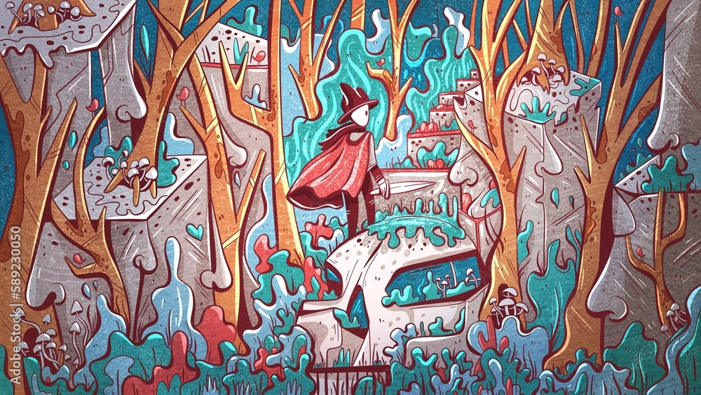 Fantasy illustration of a hero in a raincoat walking along the creepy mystical steps in the forest.