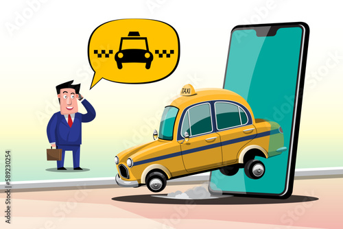 Businessman hand call taxi service by smart phone he calls a taxi using mobile app and set location for destination