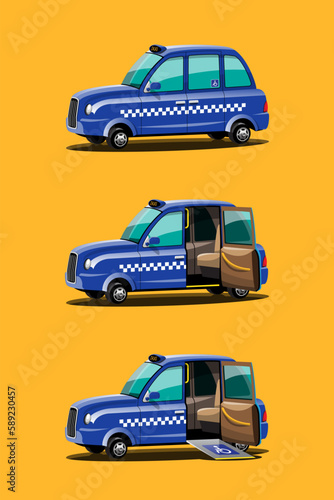 Taxi driver and taxi customers of the service. Taxi services for people with disabilities make traveling very convenient for them.