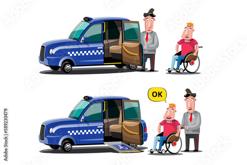 Taxi driver and taxi customers of the service. Taxi services for people with disabilities make traveling very convenient for them.
