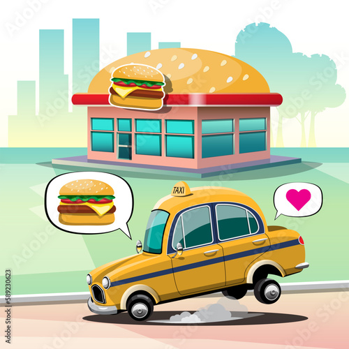 The taxi driver parked on the roadside in front of a burger shop. to buy a cheese burger to eat for lunch.