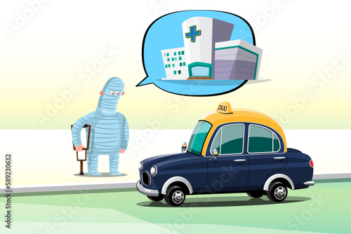 The patient informed the taxi driver his destination to the hospital on the roadside in the city.