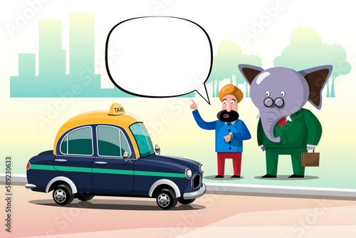 Taxi driver and taxi customers of the service. A businessman call a taxi for destination at a roadside in the city