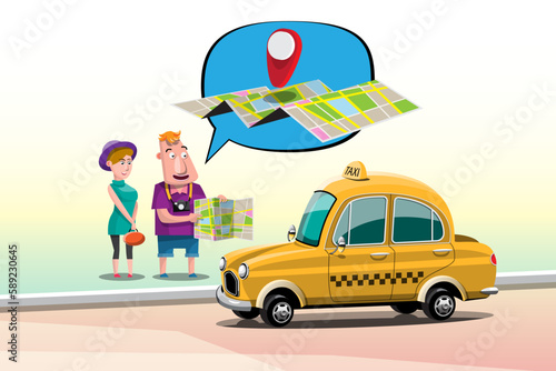 Tourist 2 spread a map and tell the destination where you want to go with the taxi driver on the roadside.