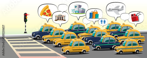 A group of taxis stopped at a red light at an intersection. Taxi drivers are taking passengers to their desired destinations