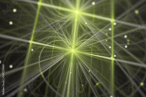 Green blurred pattern of curved waves and rays on a black background. Abstract fractal 3D rendering