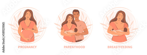 Set of pregnancy, breastfeeding and motherhood concept illustrations. Woman feeding baby, parents with child. Vector illustration.