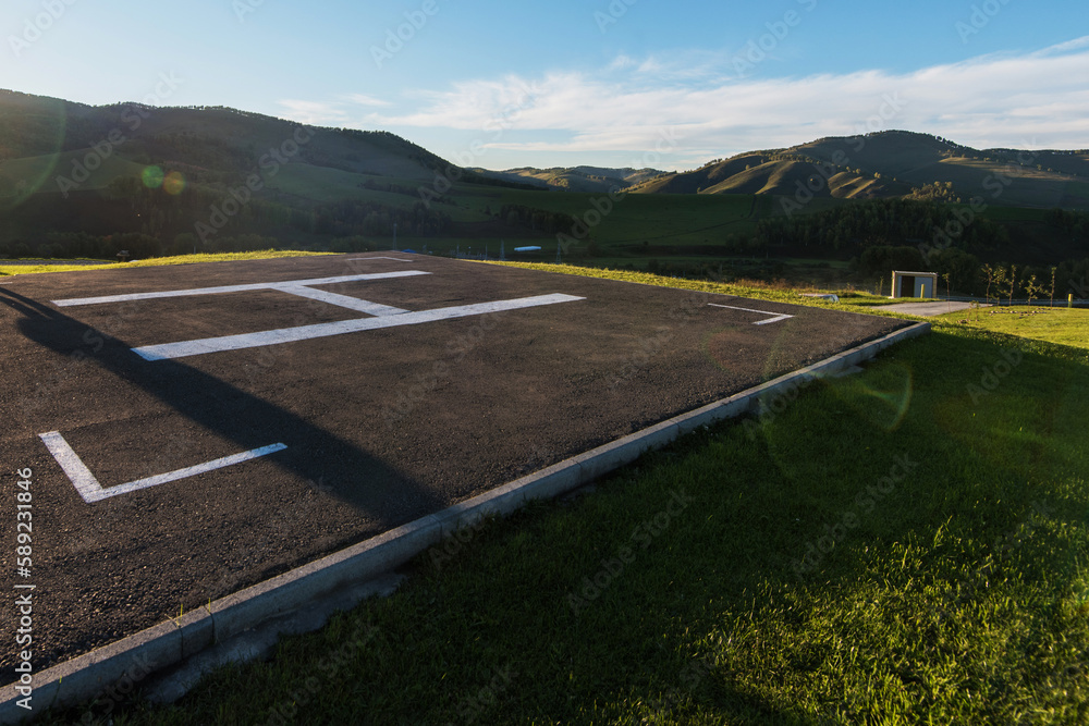 Helicopter pad on Altai mountains in summer season.