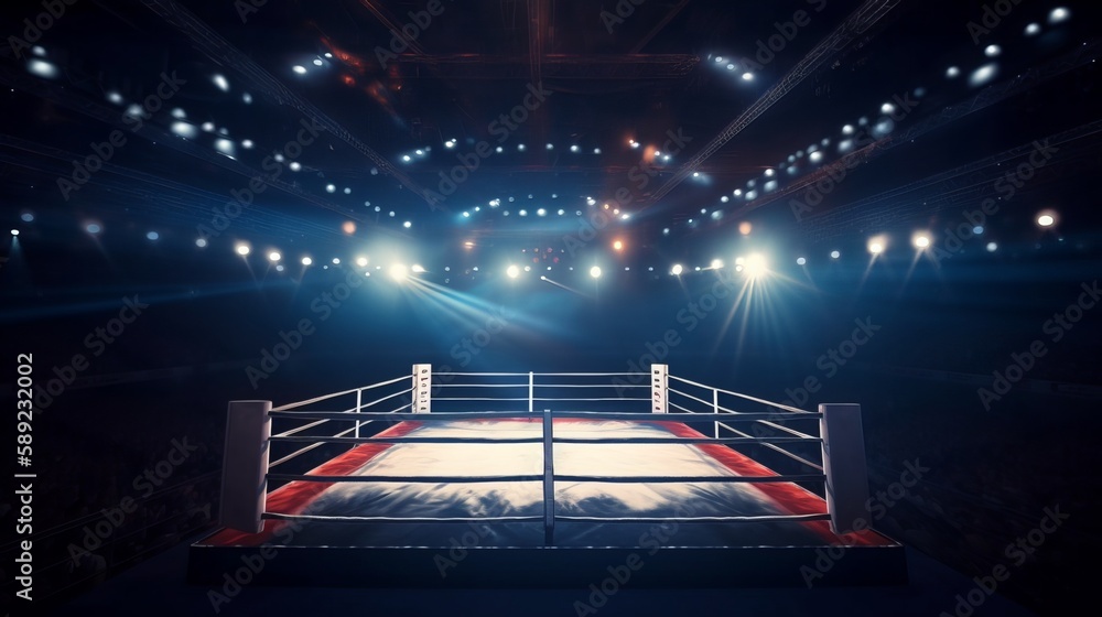 Boxing fight ring. Interior upper view of sport arena with fans and shining spotlights, Generative AI - obrazy, fototapety, plakaty 