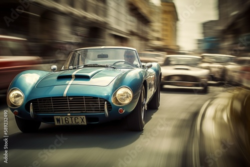 High-Speed 1960's Car Chase, Vintage Classics Racing Through the City. © Digital Dreamscape