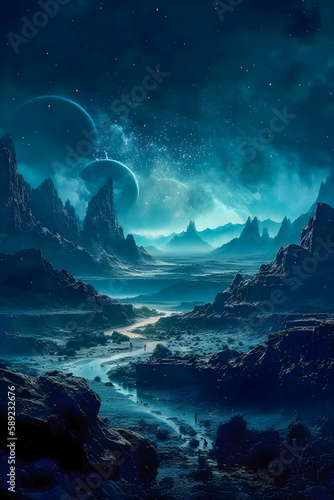 Surrealistic Mars landscape in blue colors, Generative AI
