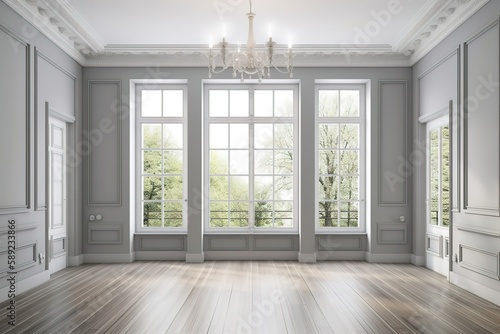 White empty room mock-up with brown curtain  white door and wood floor. 3D illustration   Modern living room interior with blank space and empty wall  Generative AI