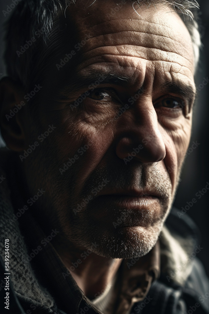 Generative AI illustration side view of middle aged unshaven man with wrinkles wearing cap looking at camera thoughtfully Generative AI illustration side view of middle aged unshaven man with wrinkles wearing cap looking at camera thoughtfully