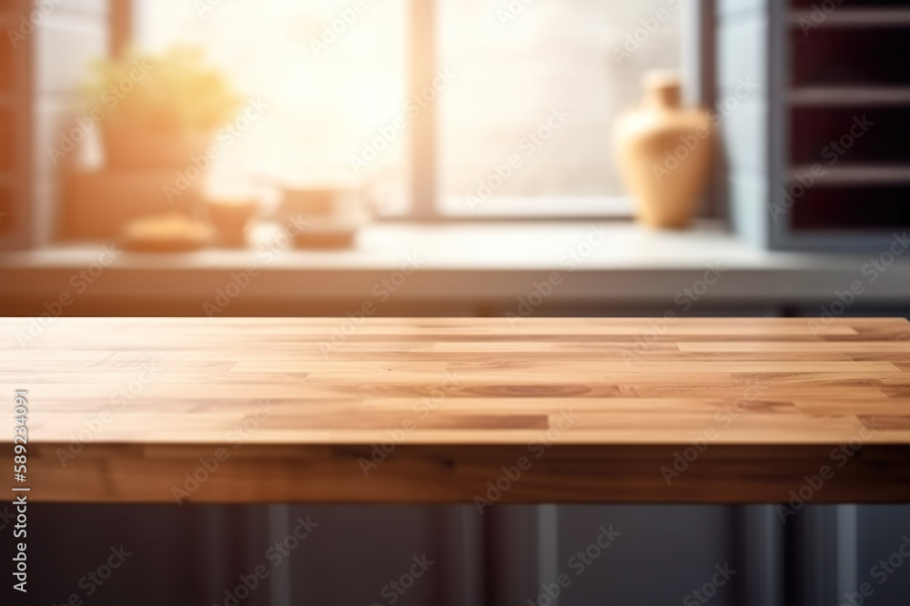 A wooden table in a kitchen with a window behind it