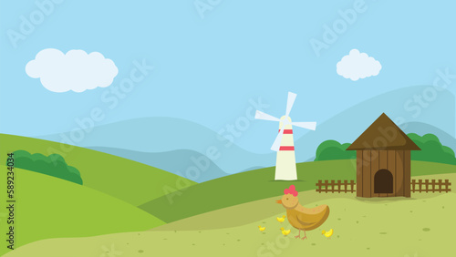 Chicken farm background cartoon. chicken house, land, windmill, gate, mountain, clouds vector illustration. 