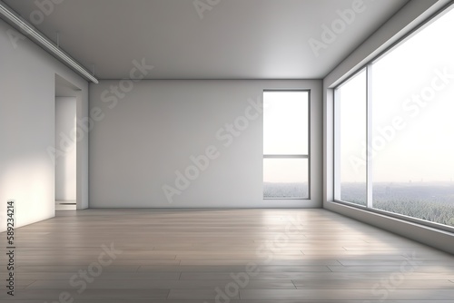 Interior with blank wall   Modern mid century and minimalist interior of living room  empty room   white wall and wood floor  3d render  Generative AI