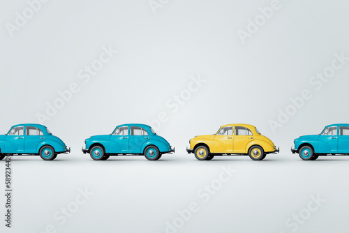 Colorful vintage cars on blue background