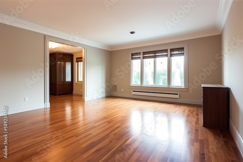 Interior with blank wall   Modern mid century and minimalist interior of living room  empty room   white wall and wood floor  3d render  Generative AI