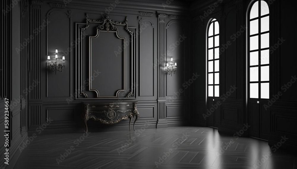 Empty vintage old dark room interior with classic black walls. Retro ...