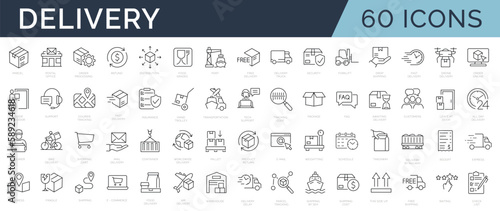 Set of 60 line icons related delivery and logistics. Outline icon collection. Editable stroke. Vector illustration