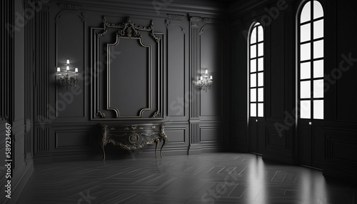 Empty vintage old dark room interior with classic black walls. Retro style design. Background, wallpaper. Generative AI