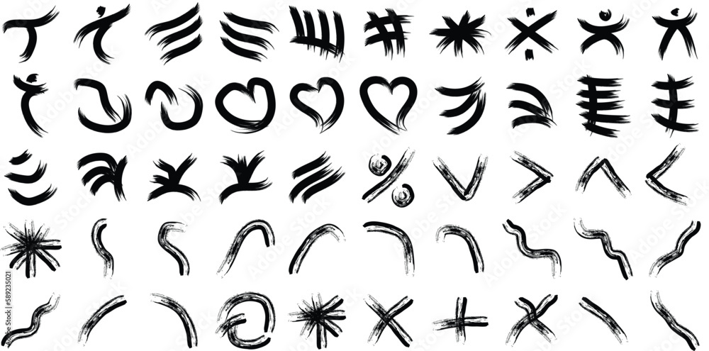 Fototapeta premium Hand Drawn Organic Shapes Dry Brush Stroke Black Set 50